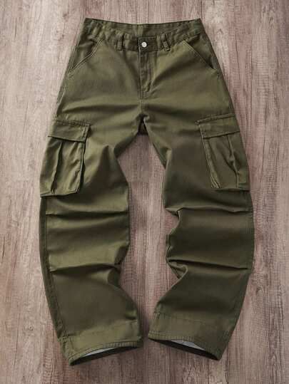 Manfinity Joysei 男士休闲时尚街头简约纯色翻盖口袋阔腿工装牛仔裤