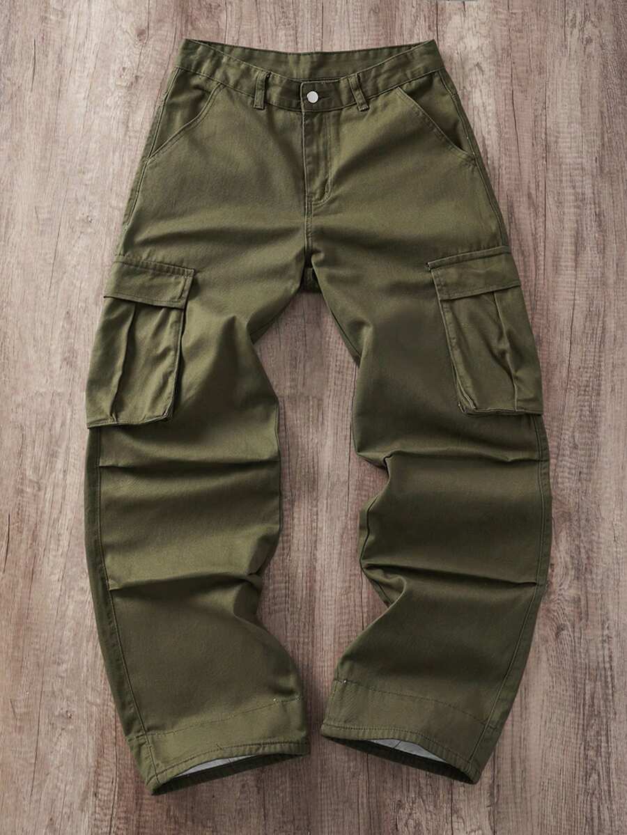 Manfinity Joysei Pantalones vaqueros cargo de pierna ancha con bolsillo con solapa de unicolor, estilo minimalista y casual para hombres - Verde militar - Ver 1