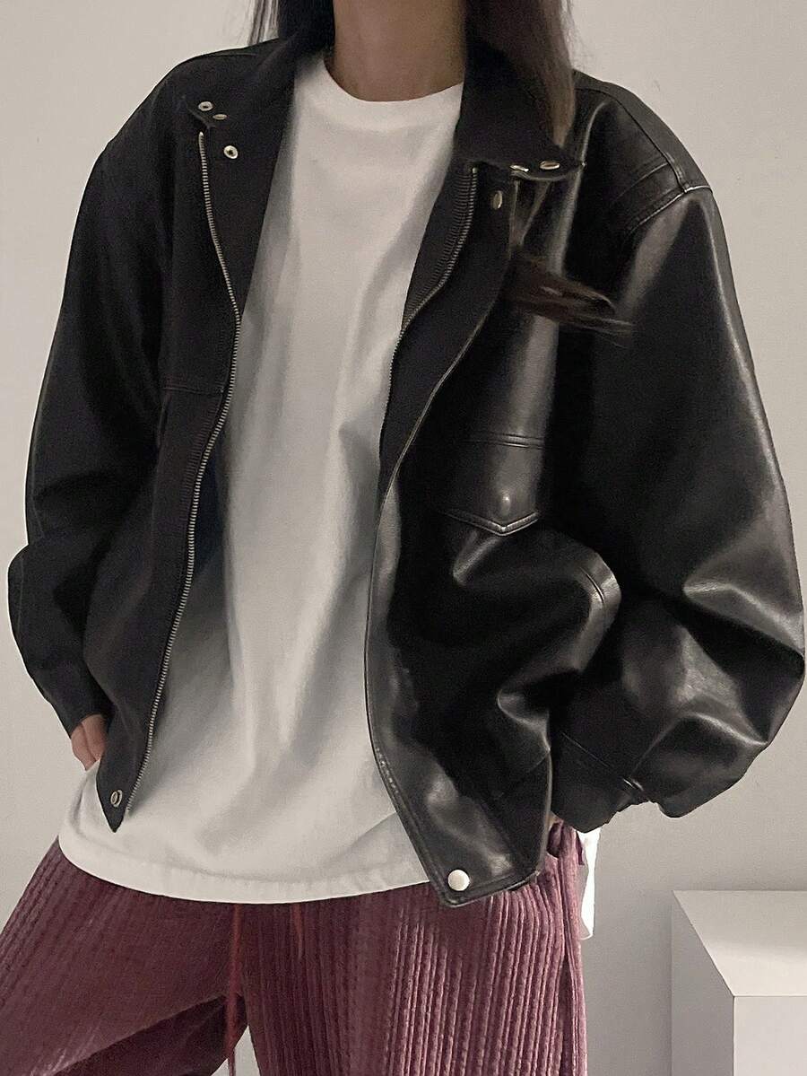 DAZY Chaqueta holgada con cuello alto y efecto desgastado para mujer, chaqueta de cuero de otoño - Negro - Ver 1