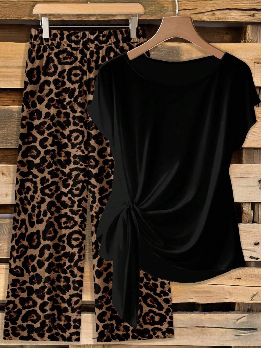 Rusticease 女士撞色豹纹系带蝴蝶结上衣和直筒宽松裤两件套，休闲款 - 彩色 - 查看 1