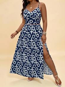 Levarali Plus Size Women All-Over Print Camisole Top And Split Hem Skirt 2 Pieces Set, Fashionable For Party - Blue and White - View 6