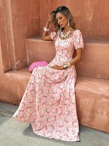 Selianne Đầm chữ A tay phồng, in hoa, thắt eo, màu hồng, thích hợp mặc đi nghỉ mát, mùa xuân/hè. - Nhiều màu - Xem 4