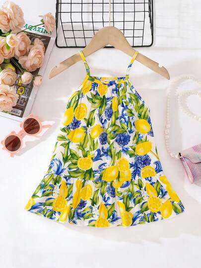 SHEIN Playful Pals Baby GirlLemon & Leaf Print Cami Dress, Bright Color, Refreshing Ruffled Hem, Vibrant Summer Style, Full Of Childlike Vitality
