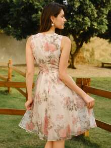 Vestido de mujer elegante vintage, vestido de verano/primavera con ajuste, estampado floral y cuello en V sin mangas, vestido con dobladillo de paraguas floral rosa - Albaricoque 2 - Ver 8