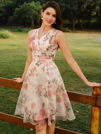 Vintamour Vestido de mujer elegante vintage, vestido de verano/primavera con ajuste, estampado floral y cuello en V sin mangas, vestido con dobladillo de paraguas floral rosa