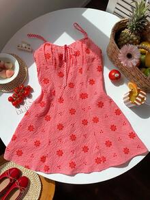 SHEIN EZwear 大码女式夏季海滩度假风印花刺绣吊带裙 - 紅色 - 查看 1