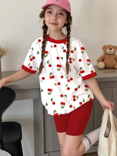 Tween Girls' Round Neck Cherry Print Short Sleeve T-Shirt And Shorts 2-Piece Set, Casual Minimalist Style Suitable For Summer, Matching Sister Outfits, Suitable For Holidays, Parties And Daily Wear