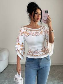 Elenzga 白色针织弹力喇叭袖露肩优雅印花T恤，女士百搭夏季T恤 - 杏色 - 查看 6