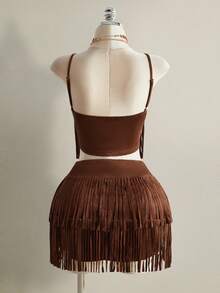 SHEIN ICON 大码女式纯色流苏吊带背心和迷你裙两件套，时尚约会流苏连衣裙，女士西部风情套装，波西米亚流苏套装，牛仔女郎套装，咆哮的二十年代套装，狂野西部套装，女士牛仔套装 - 棕色 - 查看 10