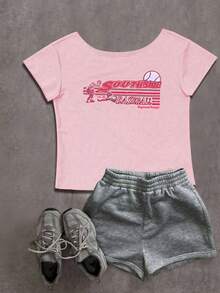 Jouncy 女士休闲字母印花不对称领短袖T恤，夏季 - 粉色 - 查看 3