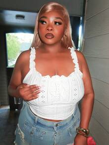 Enliva Plus Size Romantic White Semi-Sheer Ruffle Trim Camisole, Fashion Versatile Summer Holiday Wear, For Apple Rounded Body Shape - White - View 3