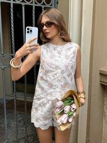 Serisse 女士花卉刺绣镂空单排扣背心和短裤休闲两件套 - 杏色 - 查看 8