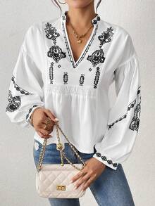 SHEIN LUNE Women's Shirred Graphic Print Long Sleeve Button Shirt Peplum Top - Black - View 5