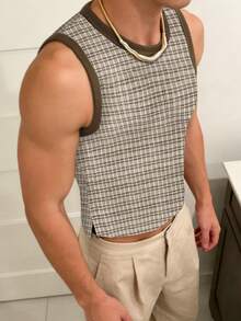 Manfinity Dauomo Áo sơ mi nam cổ tròn kẻ caro, kiểu dáng thường ngày, đa năng. - Xám - Xem 3