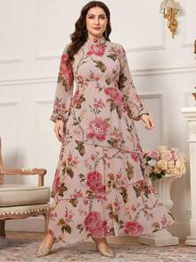 Reflora 大码女式印花立领优雅收腰派对连衣裙 - 粉色 - 查看 8