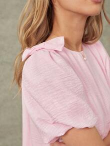 WESTFADE Light Pink Summer Casual Cute Sweet Everyday Bow Shoulder Puff Sleeve Babydoll Mini Dress Festival Vacation Beach Brunch 4th Of July Tennis Country - Pink - View 2