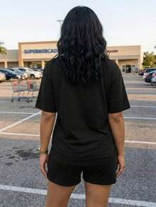 Shorts And T-Shirt With Round Neck, Print - Black - View 2