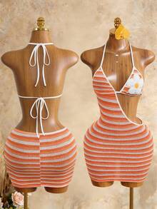 Mistrie Women's Floral Embroidery Striped Hollow Out Sexy Halter Neck Dress  Summer  , Summer Dress , Summer Dresses For Women , Summer Dresses  , Summer Outfits  , Summer Clothes  , Summer Outfits For Women , Summer Holiday Outfit , Summer Outfit For Women ,  Orange Beach Dress Bikini Skirt Set Bathing Suit Dress Dress Swimsuit Women Bikini Dress Skirt Swimsuit Set Knitted Bathing Suit Orange 2 Piece Set 2piece Summer Sets Halter Top Two Piece Set Orange Two Piece Set 2 Piece Summer Sets - Multicolor - View 1