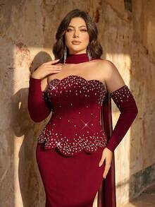 Aureia Plus Size Elegant Romantic Dark Red Open Shoulder Asymmetric Neckline Luxury Faux Pearl & Rhinestone Decor Mermaid Hem With Train Dress, Suitable For Wedding, Party, Celebration, Formal Event, Gala (Intricate Design) - Red - View 5