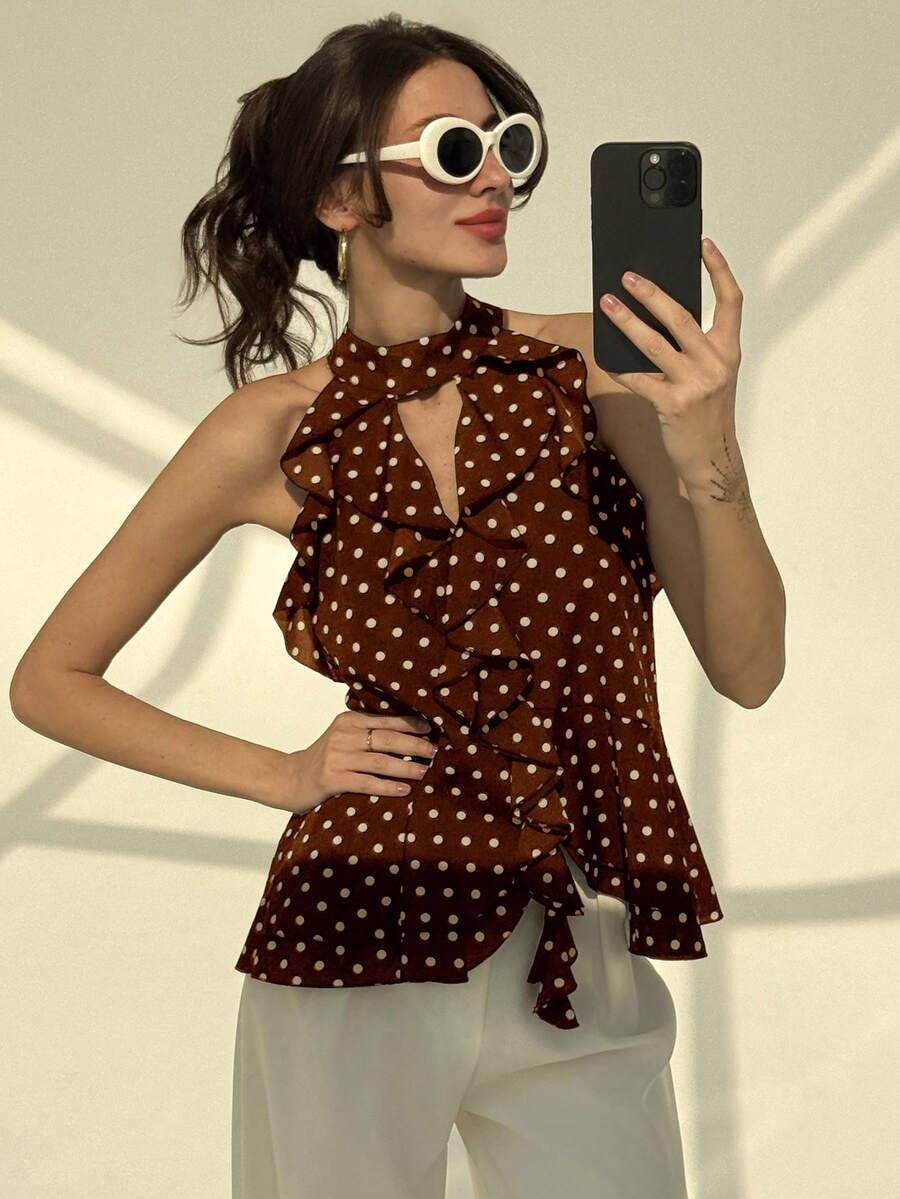 Aloruh Camiseta ajustada con volantes y estampado de lunares bohemio retro para mujer - Café integral - Ver 1
