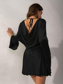 Vestido de manga larga con cuello drapeado, espalda descubierta, elegante, sexy y romántico, de color verde claro sólido, adecuado para citas y tardes de té - Negro - Ver 9