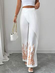SHEIN Elenzya Women's Elegant Positioned Floral Print White Asymmetrical Asymmetric Hem Pants, Suitable For Dates, Everyday Wear, Work, Casual, Vacation, White Wide Leg Pants Women, White Pants - White - View 3