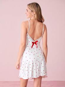 Bonmuse Women's Romantic Knitted Heart Pattern V-Back Bow Splice Nightgown - White - View 2