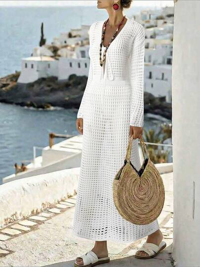 Trelyra Conjunto de 2 piezas de top de manga larga y falda minimalista de unicolor y calado para mujer