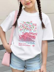 1件装夏秋季休闲时尚女童樱花山印花白色短袖T恤，舒适时尚，复古图案T恤，简约圆领休闲上衣，适合青少年女孩，白色T恤 - 白色 - 查看 3