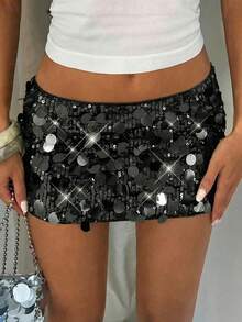 Glamine Chân váy ngắn ôm sát đính sequin màu trơn dành cho nữ - màu đen - Xem 8