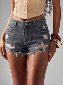 SHEIN ICON Quần short denim nữ màu trơn, kiểu dáng tối giản, thường ngày. - Màu xanh lam - Xem 4