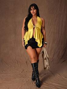 Rustia Plus Size Women Metal Decor Halter Tie Ruffle Hem Fashionable Versatile Casual Top - Yellow - View 3