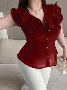 Vibekara Blus Seksi Berkerah V dengan Hiasan Rumbai Bahan Chiffon dan Lengan Pendek, Pas Badan untuk Wanita, Populer di Musim Semi/Panas - Merah - View 1