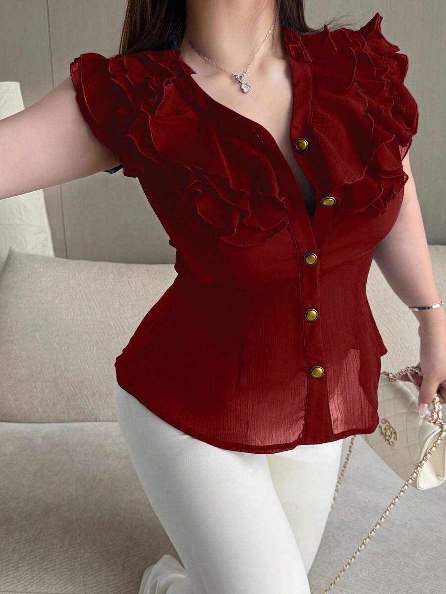 Vibekara Blus Seksi Berkerah V dengan Hiasan Rumbai Bahan Chiffon dan Lengan Pendek, Pas Badan untuk Wanita, Populer di Musim Semi/Panas - Merah - View 1
