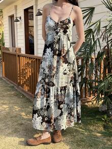 Livesso Robe d'été en mousseline de soie bohème à fleurs Ditsy, patchwork sans manches. Robe midi décontractée pour les vacances à la plage. Robe d'été bohème pour femmes - Bleu marine - Voir 5