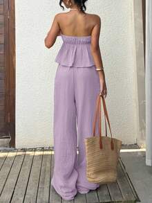SHEIN EZwear 灰紫色編織棉麻女款抹胸上衣休閒波西米亞度假套裝女裝夏季穿搭女套裝女兩件套休閒套裝女裝女兩件套休閒套裝女裝女連身褲居家套裝女裝女套裝海灘海灘度假假日 - 紫丁香色 - 查看 2