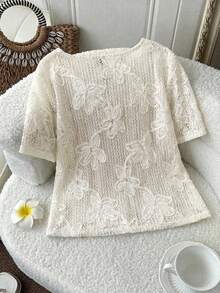 SHEIN LUNE 大码女式花卉纹理短袖前系带时尚衬衫音乐节上衣蕾丝和服蕾丝衬衫蕾丝上衣系带上衣蕾丝上衣3D花朵上衣夏季衬衫蕾丝钩针上衣女士蕾丝衬衫女士蕾丝衬衫法式衬衫新款女式上衣女士上衣女士上衣和衬衫女士夏季衬衫刺绣蕾丝衬衫 - 杏色 - 查看 3
