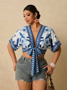 SHEIN TRVLCHIC Plus Size Tropical Print Batwing Sleeve Tie Front Cropped Shirt - Multicolor - View 4