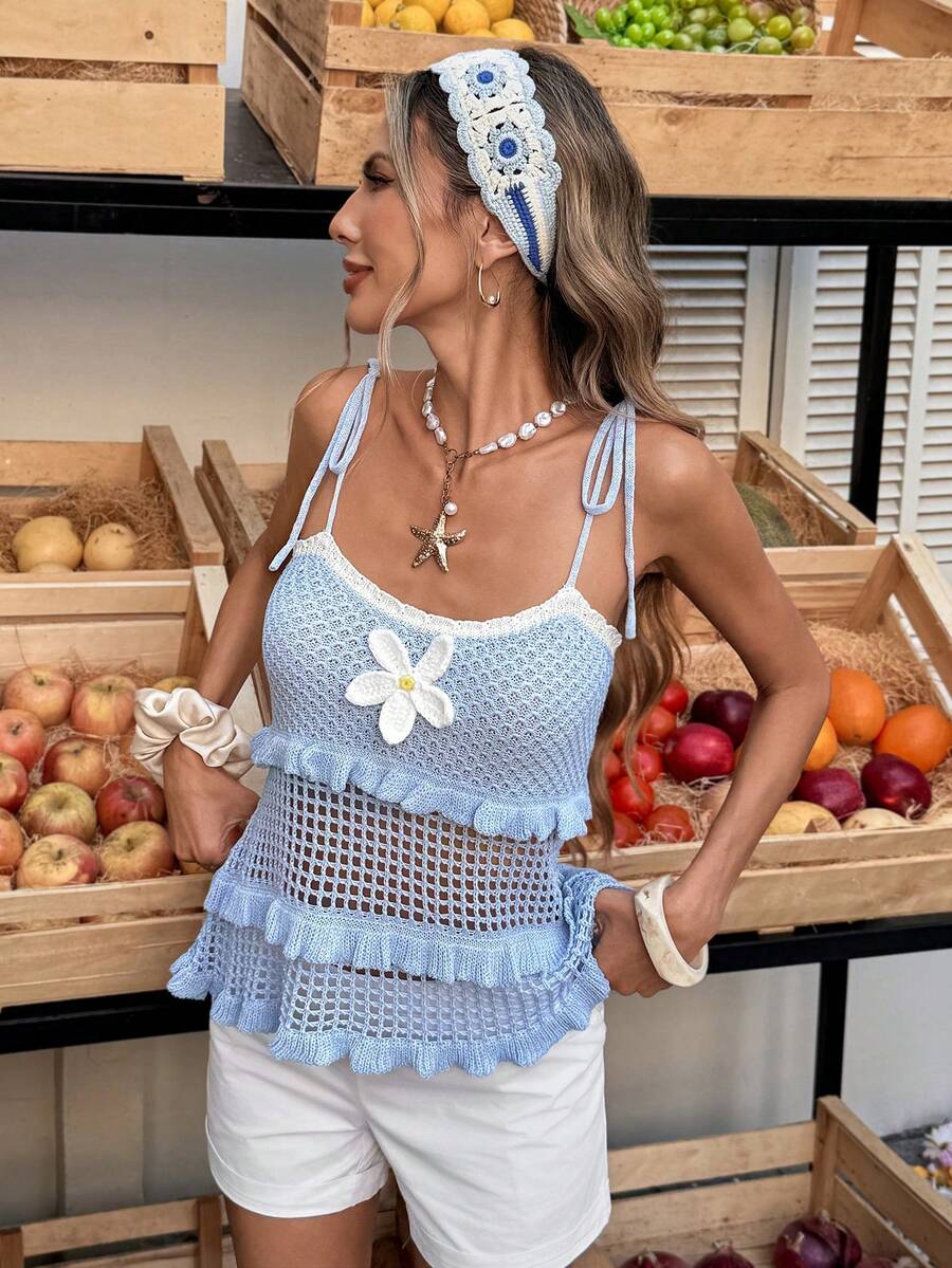 Selianne 优雅系带3D立体花卉图案女士毛衣，春夏款 - 藍色 - 查看 1