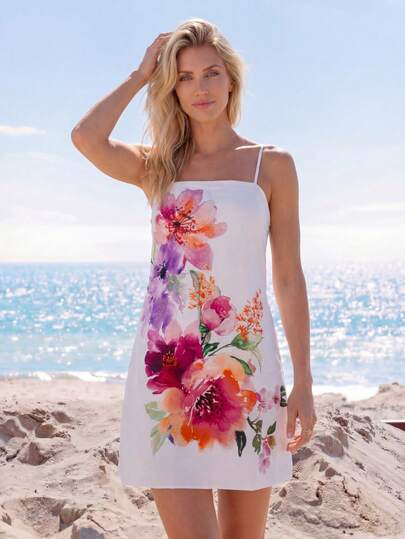 Sylviya Women's Floral Print Casual Vacation Short Camisole Dress, Vacation Dresses Suitable For Summer Summer Outfits For Women Vacation Outfits Women Summer Dresses For Women Summer Clothes Summer Dresses Dresses For Women Summer Vestidos De Mujer Casual Beach Dresses Casual Dresses For Women