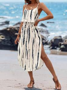 Sylviya 女士夏季亲肤扎染吊带连衣裙，配腰带和侧开衩，夏季连衣裙，春季服装，休闲 - 彩色 - 查看 3