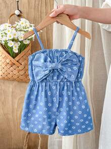 Vintaside Kids 女宝宝可爱休闲夏季蓝白条纹蝴蝶结吊带连体衣 - 藍色 - 查看 1