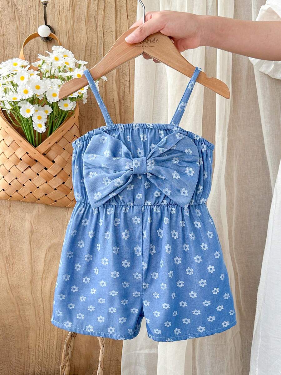 Vintaside Kids 女宝宝可爱休闲夏季蓝白条纹蝴蝶结吊带连体衣 - 藍色 - 查看 1