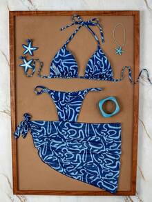 Elavelle 3pcs/Set Women's Random Print Halter Neck Bikini Set, Spring/Summer - Multicolor - View 2