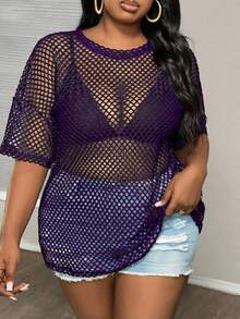 Slaydiva Kaos Ukuran Besar Gaya Jalanan Kasual Hitam Transparan Lengan Pendek Longgar Leher Bulat Panjang Reguler, Cocok untuk Musim Semi dan Gugur - Purple - View 6