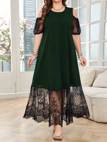 Lacomfia Vestido elegante de talla grande con encaje de contraste y hombros descubiertos, para verano - Verde - Ver 4