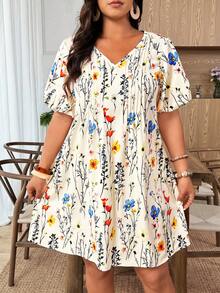 SHEIN LUNE Plus Size Women's Fashionable Spring/Summer French Romantic Retro Elegant Casual Commute Floral Print Dress - Apricot - View 6