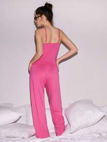 Lowkey Lull Babydoll Spaghetti Strap Jumpsuit With Frill Trim, Soft And Comfortable Milk Silk Stretch, INS Casual Y2K Women Loungewear Set - Hot Pink - View 3