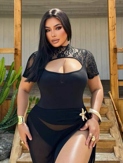 Coolane Women's Plus Size Summer/Spring Streetwear Casual Vintage Chic Y2K Western Wear Minimalist Basic Lace Stretchy Comfortable Black Slim Fit Off The Shoulder Crop Tees