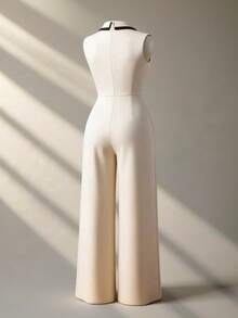 GlowEve 春夏新款优雅休闲时尚高腰连体裤，阔腿裤，无袖西装领，黑色亚麻与杏色拼接收腰连体裤，专为女性设计 - 彩色 - 查看 3